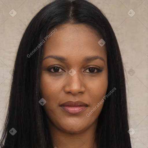 Joyful asian young-adult female with long  brown hair and brown eyes