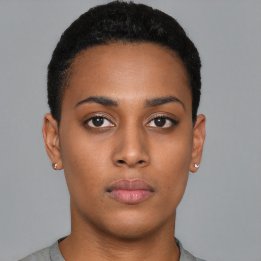 Neutral black young-adult female with short  black hair and brown eyes