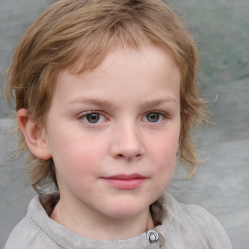 Neutral white child female with medium  brown hair and blue eyes