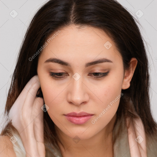 Neutral white young-adult female with long  brown hair and brown eyes