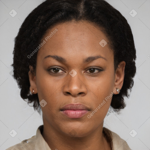 Neutral black young-adult female with medium  brown hair and brown eyes