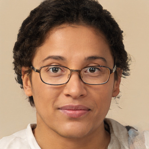 Joyful white adult female with short  brown hair and brown eyes