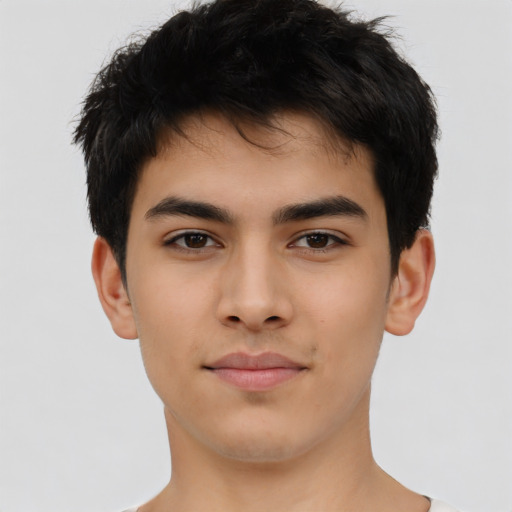 Neutral asian young-adult male with short  black hair and brown eyes