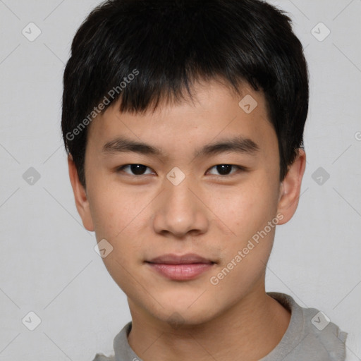 Neutral asian young-adult male with short  brown hair and brown eyes