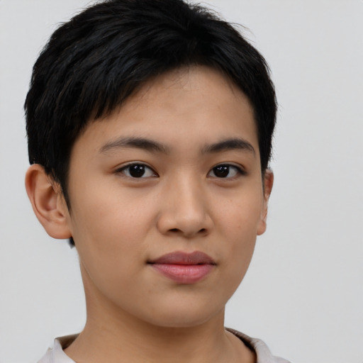 Neutral latino young-adult female with short  black hair and brown eyes
