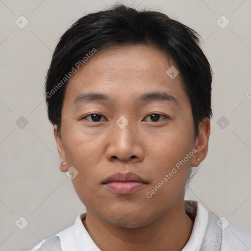 Neutral asian young-adult male with short  brown hair and brown eyes