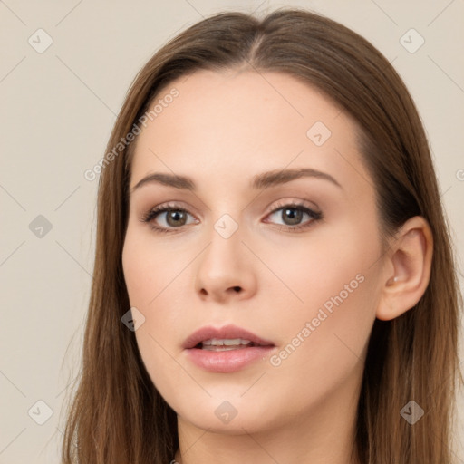 Neutral white young-adult female with long  brown hair and brown eyes