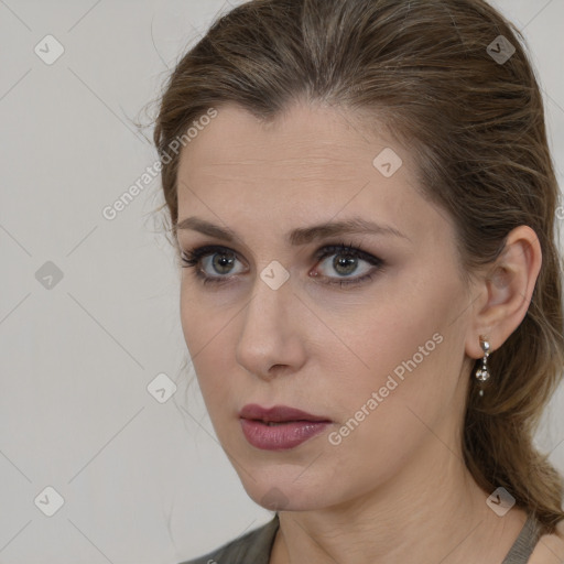 Neutral white young-adult female with medium  brown hair and brown eyes