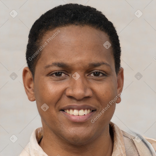 Joyful black young-adult female with short  brown hair and brown eyes