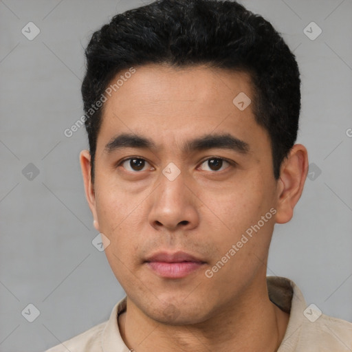 Neutral latino young-adult male with short  black hair and brown eyes