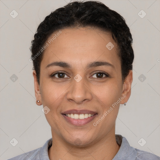 Joyful white young-adult female with short  black hair and brown eyes