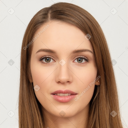 Neutral white young-adult female with long  brown hair and brown eyes