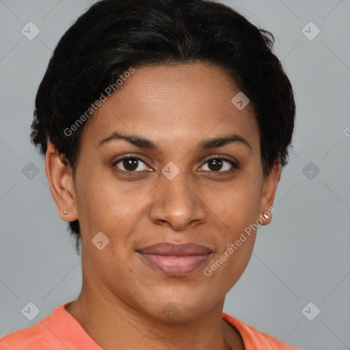 Joyful black adult female with short  brown hair and brown eyes