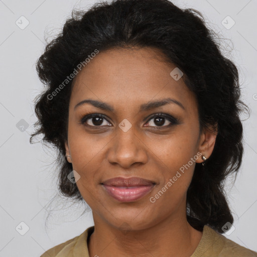 Joyful black young-adult female with long  brown hair and brown eyes