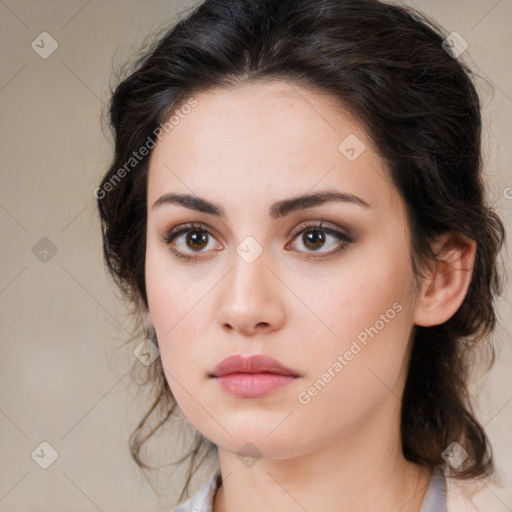 Neutral white young-adult female with medium  brown hair and brown eyes