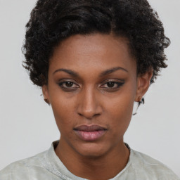 Neutral black young-adult female with short  black hair and brown eyes