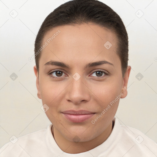 Joyful white young-adult female with short  brown hair and brown eyes