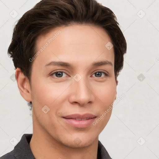 Joyful white young-adult female with short  brown hair and grey eyes