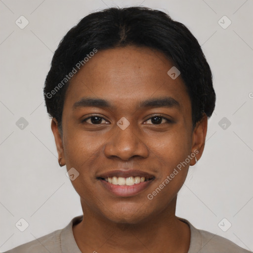 Joyful black young-adult male with short  black hair and brown eyes