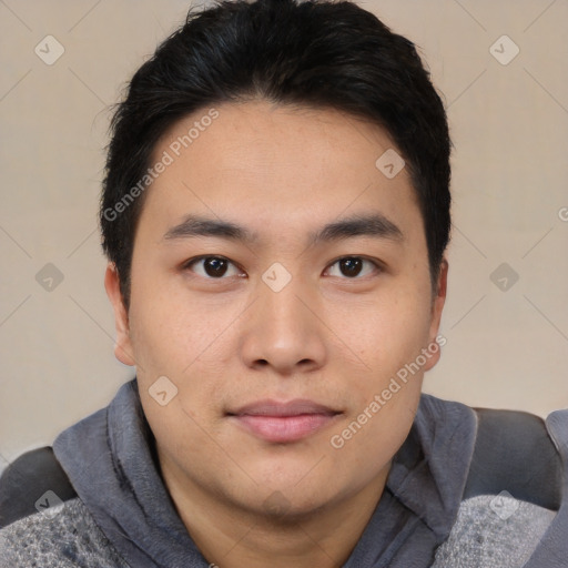 Neutral asian young-adult male with short  black hair and brown eyes