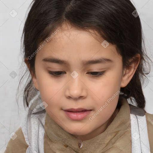 Joyful white child female with medium  brown hair and brown eyes