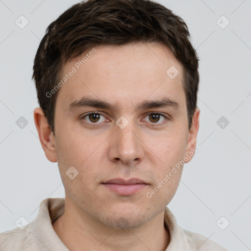 Neutral white young-adult male with short  brown hair and brown eyes