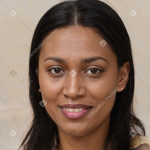 Joyful latino young-adult female with long  brown hair and brown eyes