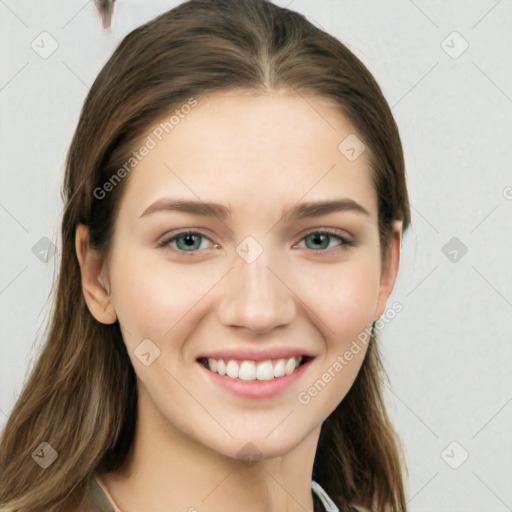 Joyful white young-adult female with long  brown hair and grey eyes