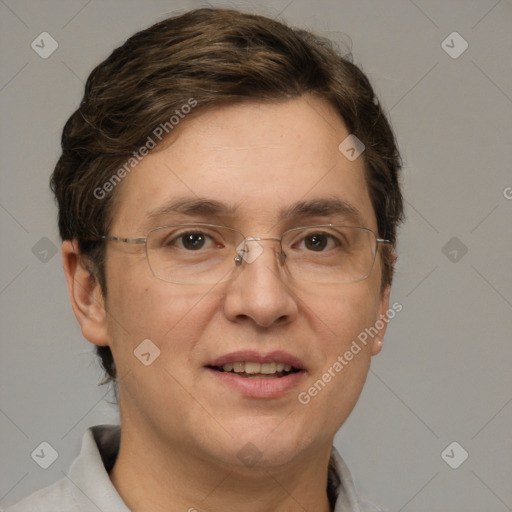 Joyful white adult female with short  brown hair and brown eyes