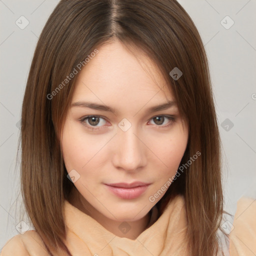 Neutral white young-adult female with medium  brown hair and brown eyes