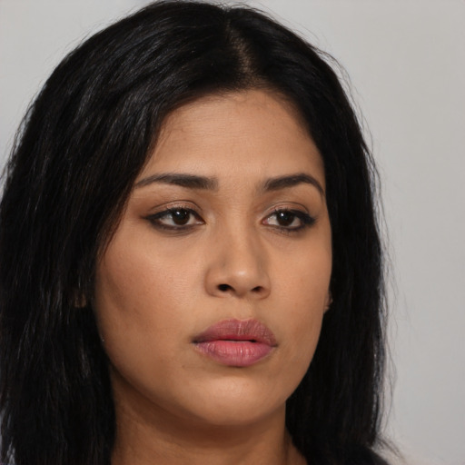 Neutral asian young-adult female with long  brown hair and brown eyes
