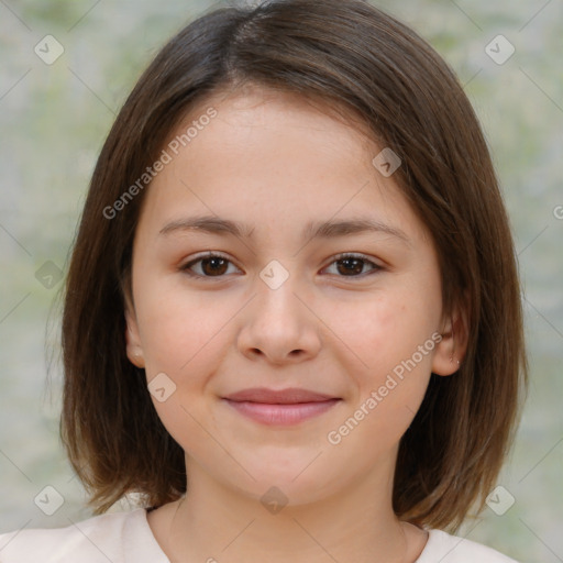 Joyful white child female with medium  brown hair and brown eyes