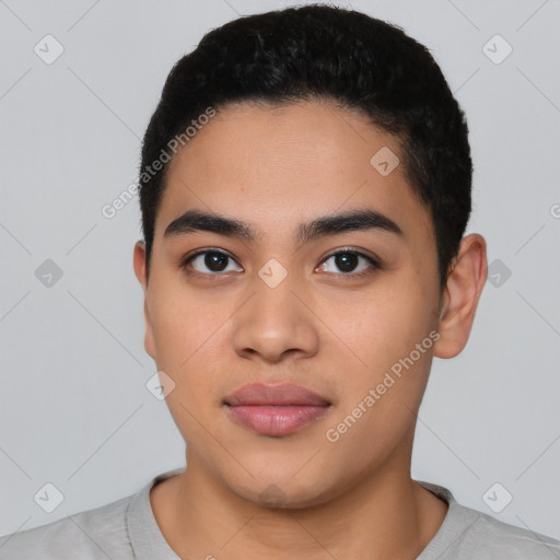 Neutral latino young-adult male with short  black hair and brown eyes