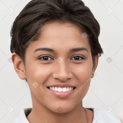 Joyful white young-adult female with short  brown hair and brown eyes