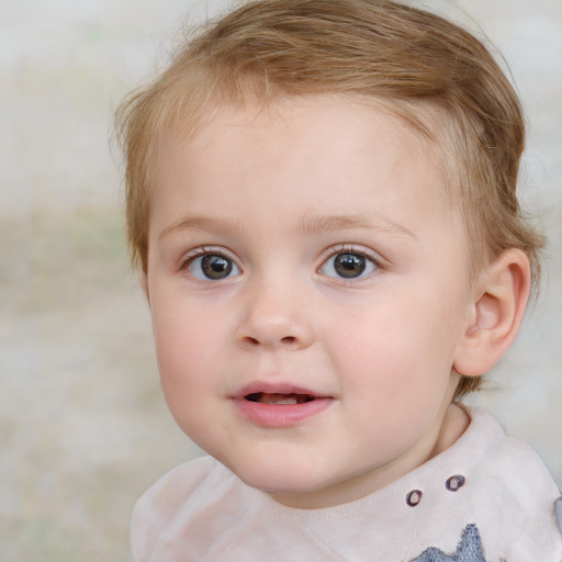 Neutral white child female with medium  brown hair and blue eyes