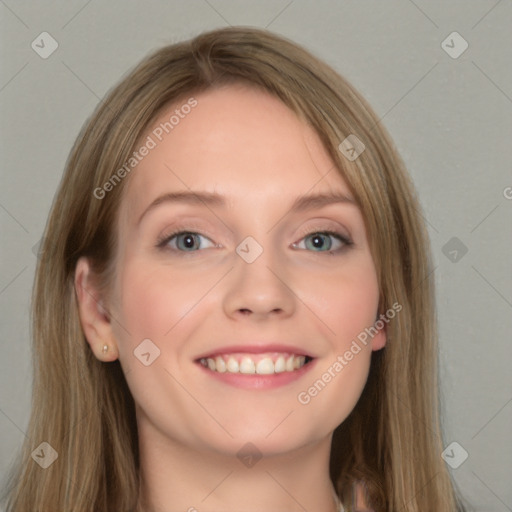 Joyful white young-adult female with long  brown hair and grey eyes