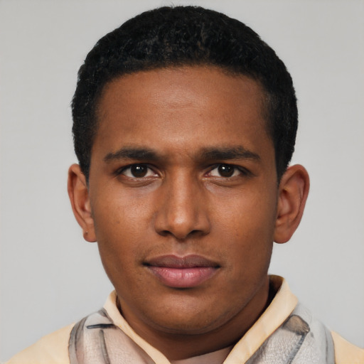 Neutral latino young-adult male with short  brown hair and brown eyes