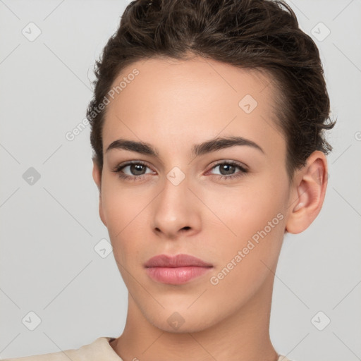 Neutral white young-adult female with short  brown hair and brown eyes