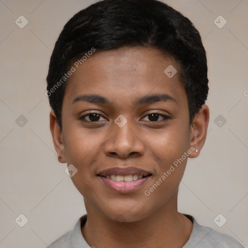 Joyful black young-adult female with short  black hair and brown eyes