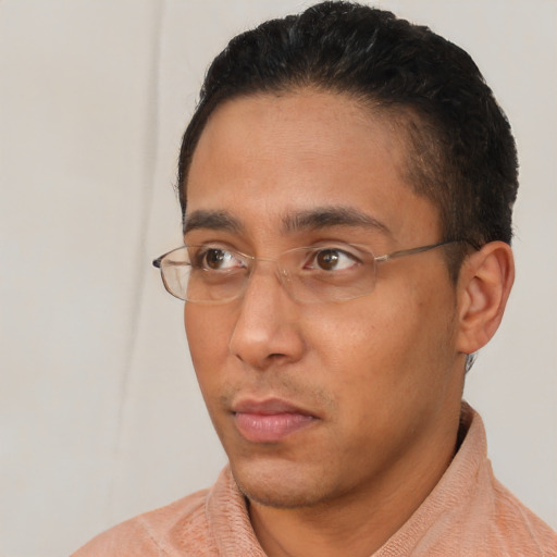 Neutral latino young-adult male with short  brown hair and brown eyes