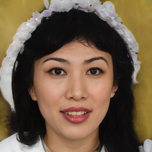 Joyful white young-adult female with medium  black hair and brown eyes