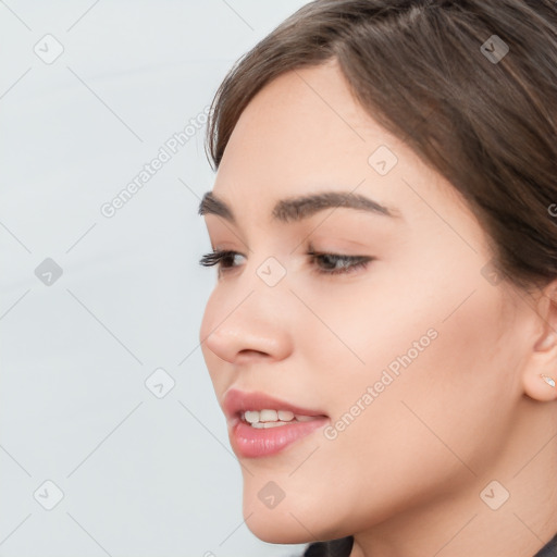 Neutral white young-adult female with short  brown hair and brown eyes