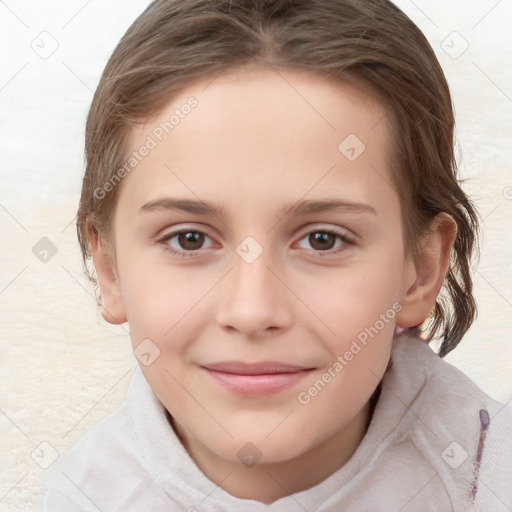 Joyful white child female with medium  brown hair and brown eyes