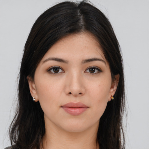 Neutral asian young-adult female with long  brown hair and brown eyes