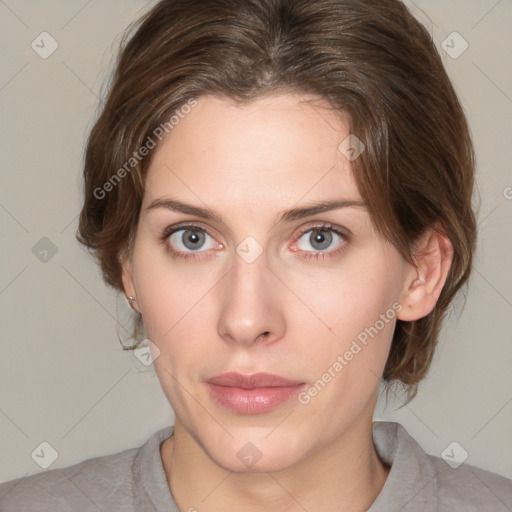 Neutral white young-adult female with medium  brown hair and grey eyes