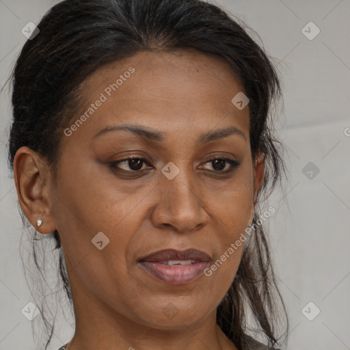 Joyful black adult female with medium  brown hair and brown eyes