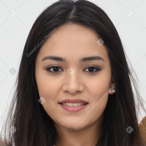 Joyful asian young-adult female with long  brown hair and brown eyes