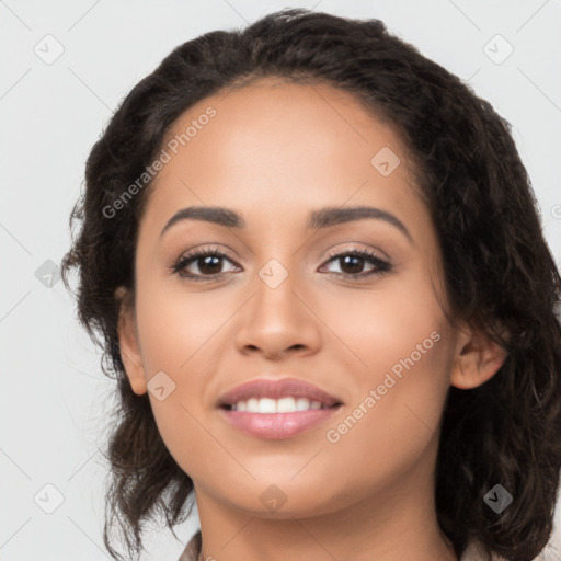 Joyful latino young-adult female with long  brown hair and brown eyes