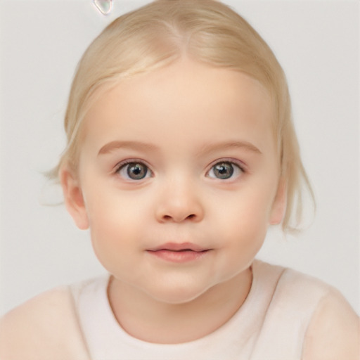 Neutral white child female with medium  blond hair and blue eyes