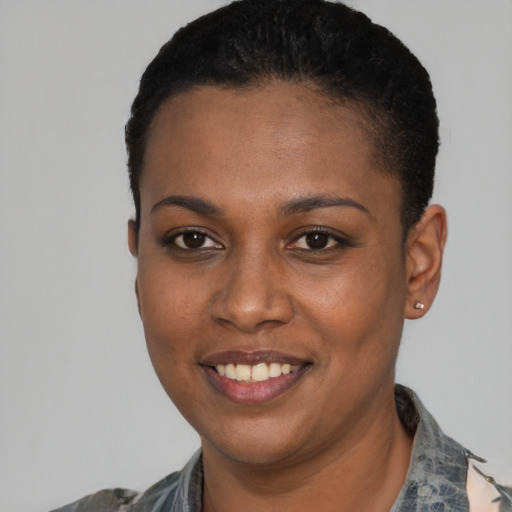 Joyful black young-adult female with short  black hair and brown eyes